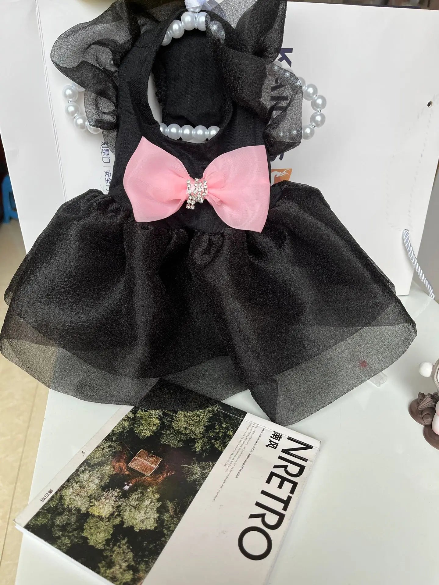 Cat and Dog Dress Summer Pink Bow Bubble Skirt Black Puff Sleeve Princess Dress Small and Medium-sized Pet Clothing