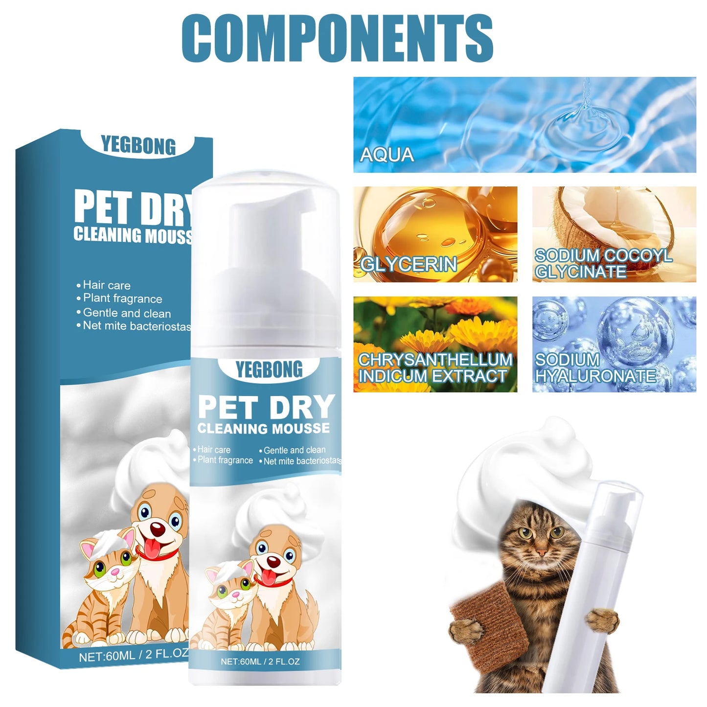 Wholesale Pet Supplies 60ml Pet Dry Cleaning Mousse for Dogs and Cats No Water Bath Gentle Effective Clean