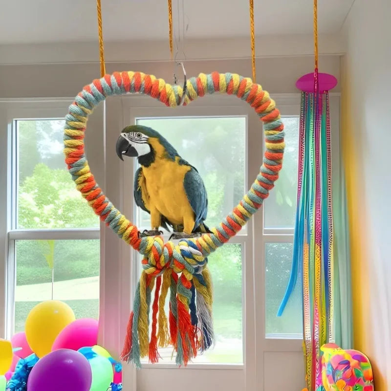 Pet Bird Cotton Rope Heart Shape Stand Chewing Bite Parrot Hanging Cage Swing Rope Ring Stand Climb Toy Bird Supplies