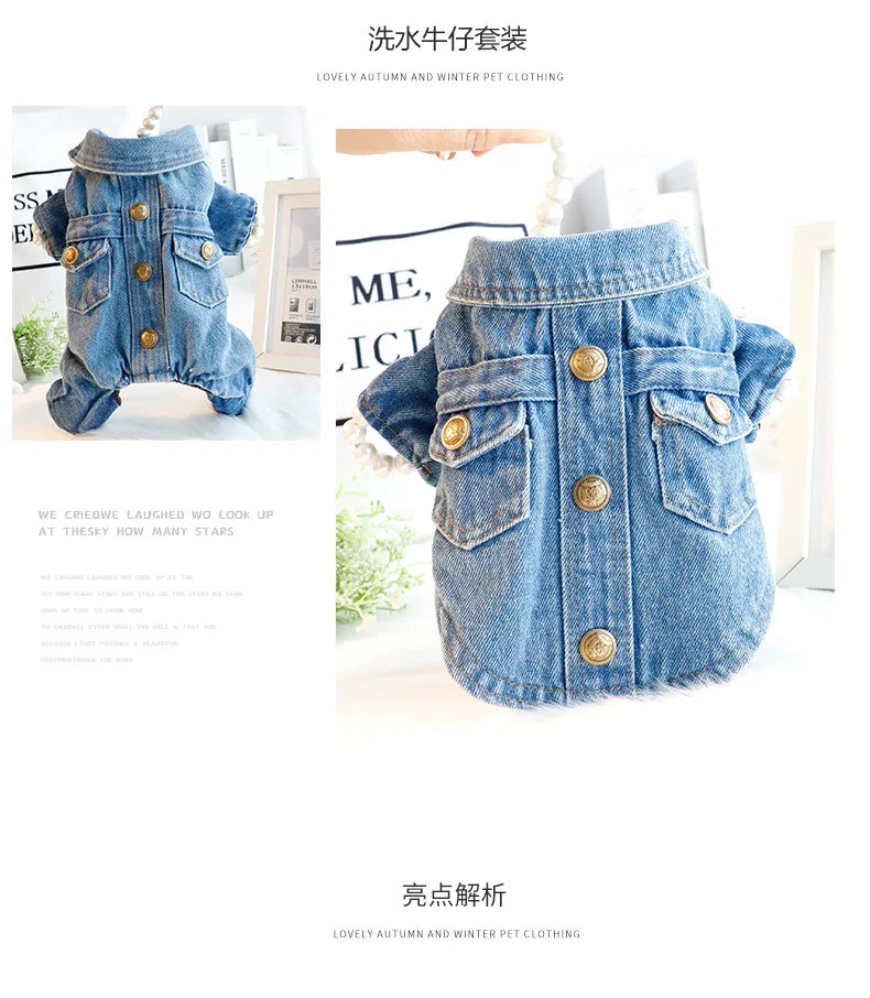 Dog Clothes Autumn Winter Four Legged Denim Pants Thickened Lapel Denim Coat Small and Medium-sized Pet Clothing