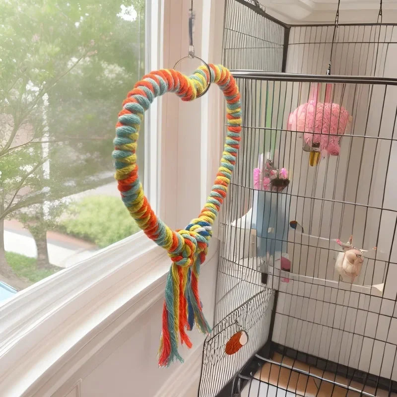 Pet Bird Cotton Rope Heart Shape Stand Chewing Bite Parrot Hanging Cage Swing Rope Ring Stand Climb Toy Bird Supplies