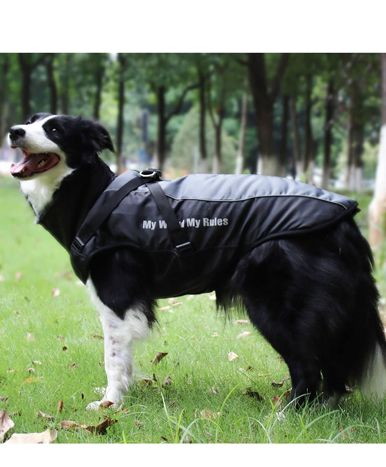 Waterproof Large Dog Clothes Winter Dog Coat With Harness Furry Collar Warm Pet Clothing Big Dog Jacket Labrador Bulldog Costume