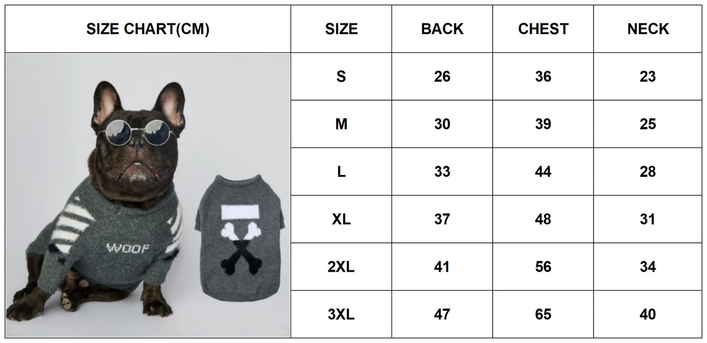 Winter Thick Soft Pet Clothing S-3XL Cotton Dog Knitwear Funny WOOF Cute Luxury French Bull Sweaters Jumpers