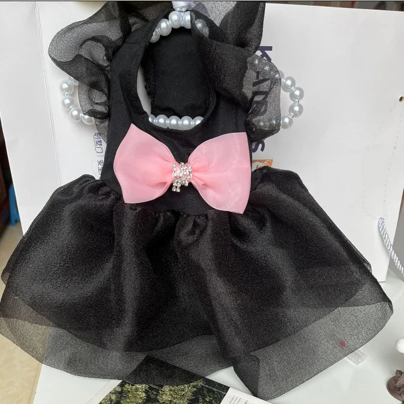 Cat and Dog Dress Summer Pink Bow Bubble Skirt Black Puff Sleeve Princess Dress Small and Medium-sized Pet Clothing