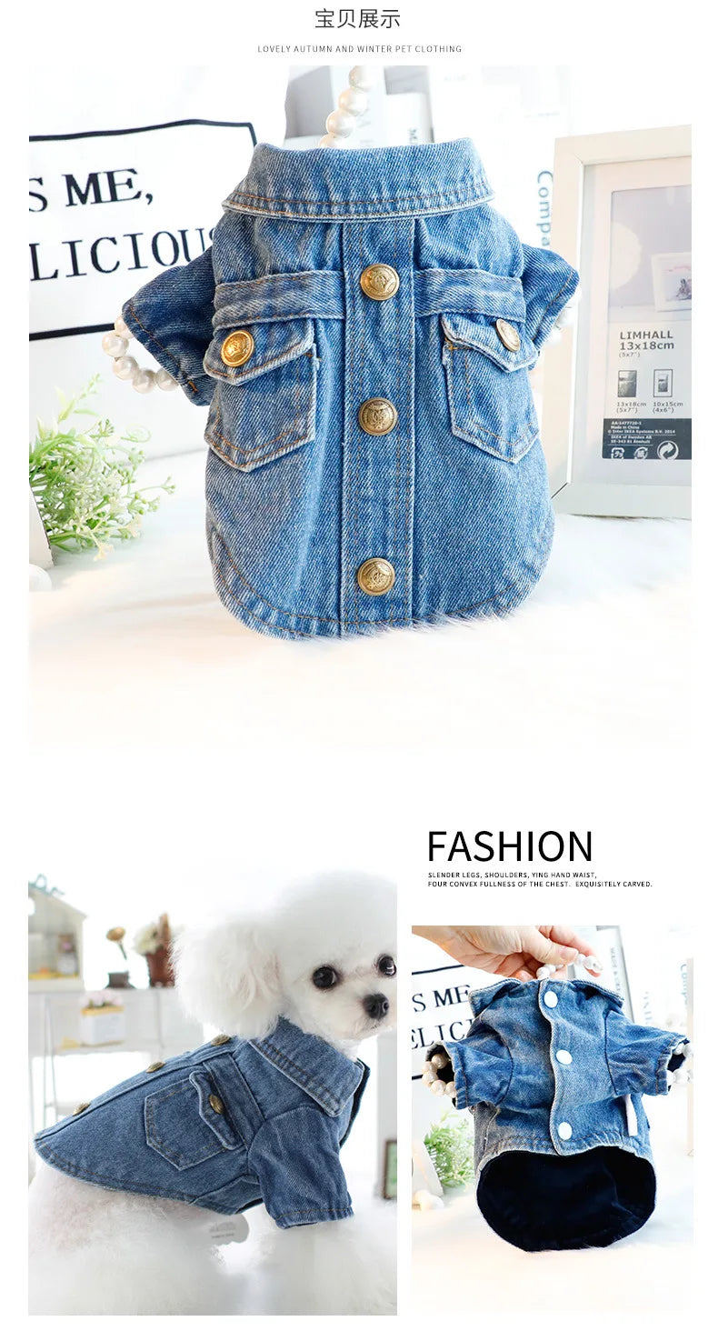 Dog Clothes Autumn Winter Four Legged Denim Pants Thickened Lapel Denim Coat Small and Medium-sized Pet Clothing