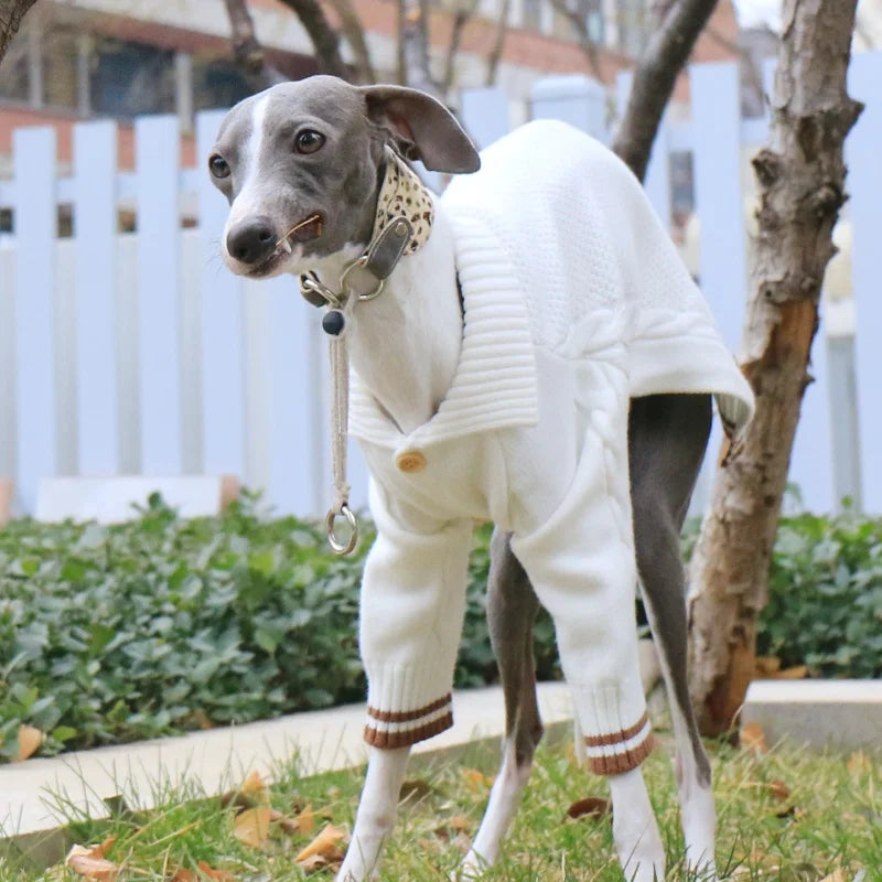 Lapel Cardigan Jacket Knitted White Sweater for Little Greyhound Whippet Winter Long Sleeves Warm Coat for Mid Dogs Pet Clothing