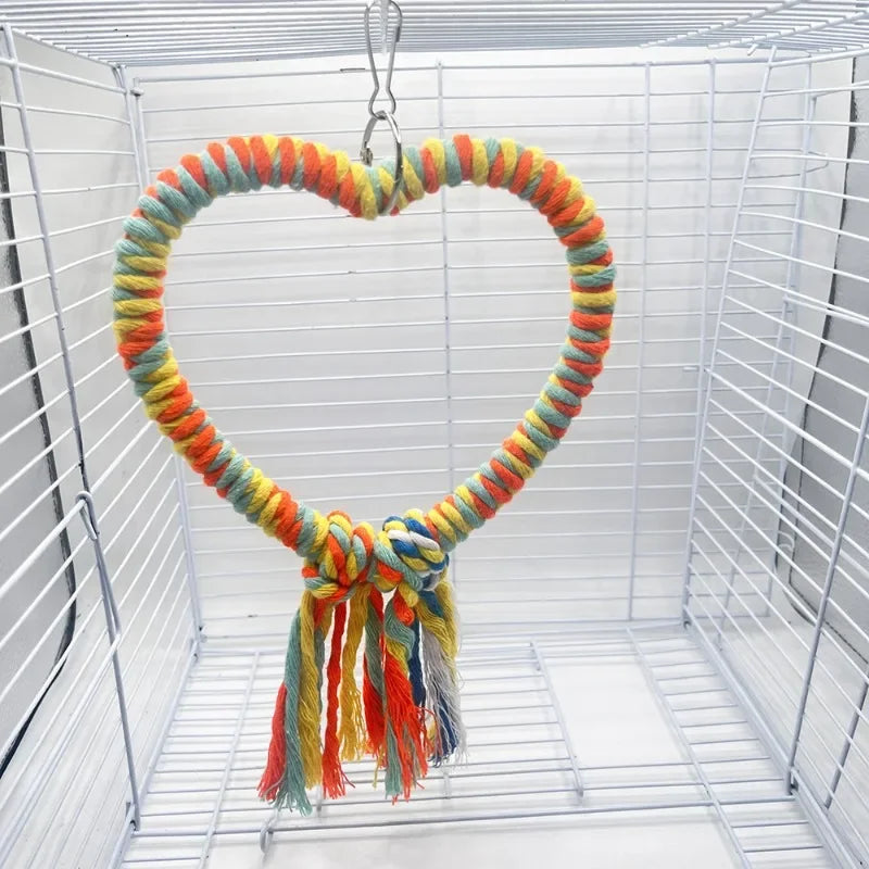 Pet Bird Cotton Rope Heart Shape Stand Chewing Bite Parrot Hanging Cage Swing Rope Ring Stand Climb Toy Bird Supplies