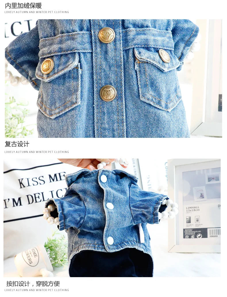 Dog Clothes Autumn Winter Four Legged Denim Pants Thickened Lapel Denim Coat Small and Medium-sized Pet Clothing