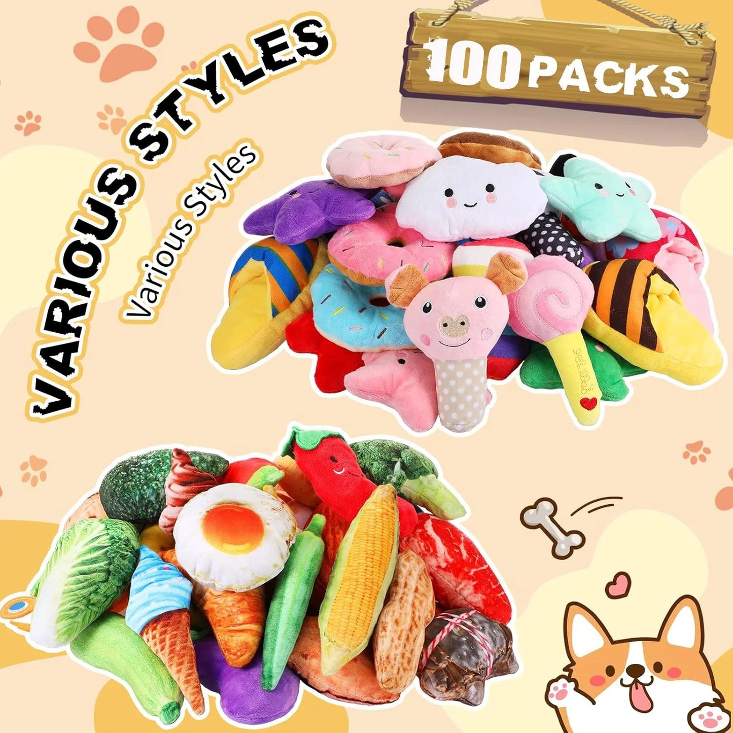 100Pcs Squeaky Toys Bulk for Small Puppy Dog Stuffed Plush Chew Toys Small Medium Dogs PET Toys with Squeakers for Puppies