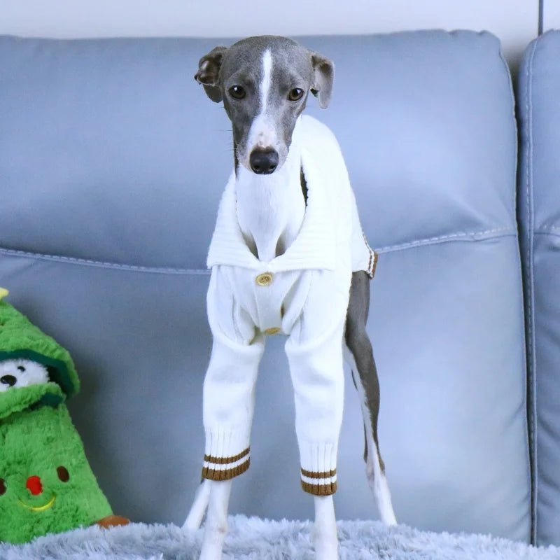 Lapel Cardigan Jacket Knitted White Sweater for Little Greyhound Whippet Winter Long Sleeves Warm Coat for Mid Dogs Pet Clothing