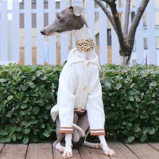 Lapel Cardigan Jacket Knitted White Sweater for Little Greyhound Whippet Winter Long Sleeves Warm Coat for Mid Dogs Pet Clothing