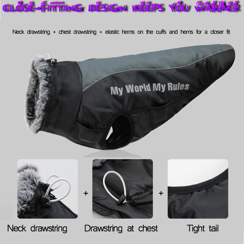 Waterproof Large Dog Clothes Winter Dog Coat With Harness Furry Collar Warm Pet Clothing Big Dog Jacket Labrador Bulldog Costume