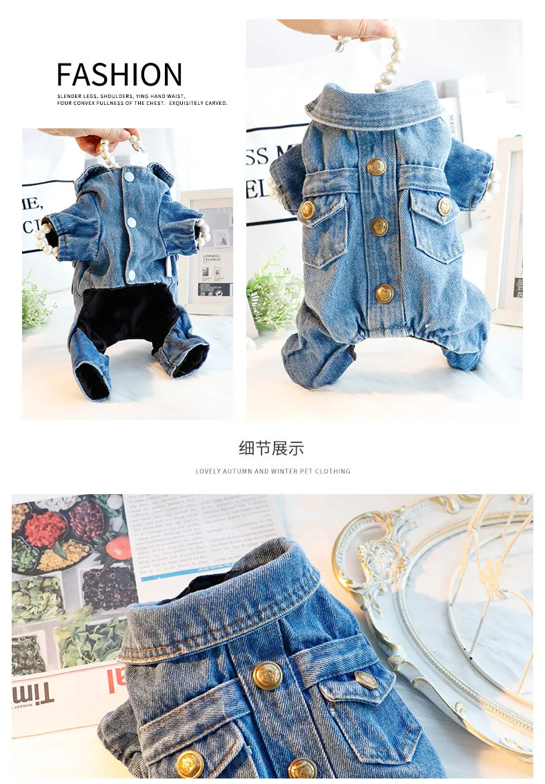 Dog Clothes Autumn Winter Four Legged Denim Pants Thickened Lapel Denim Coat Small and Medium-sized Pet Clothing