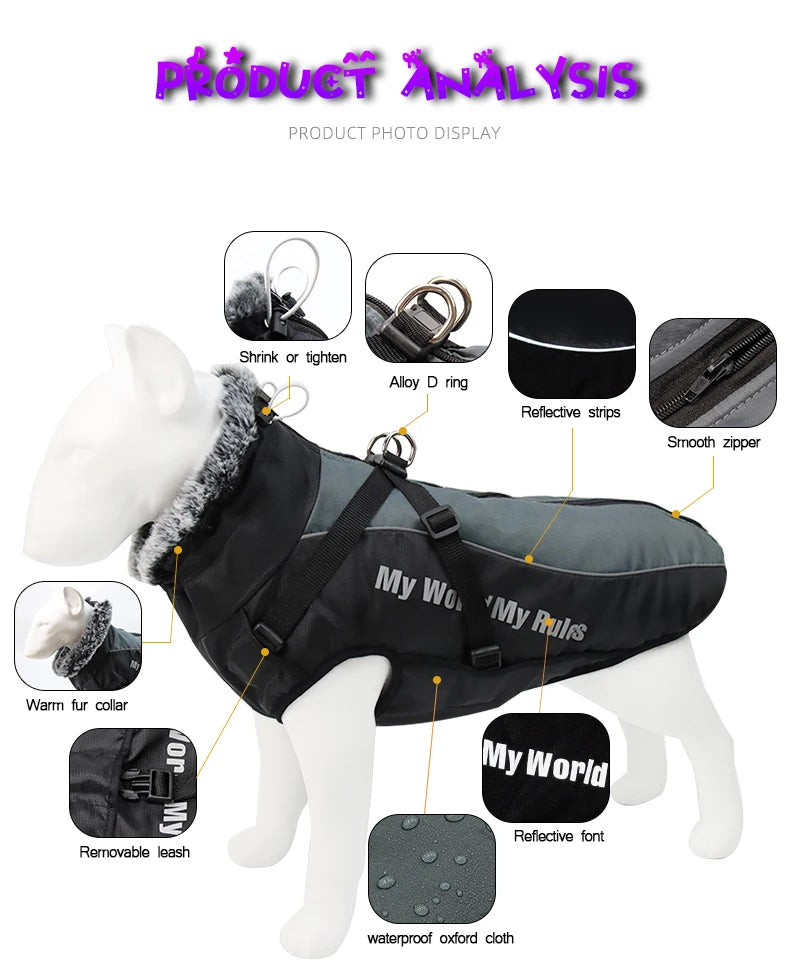 Waterproof Large Dog Clothes Winter Dog Coat With Harness Furry Collar Warm Pet Clothing Big Dog Jacket Labrador Bulldog Costume