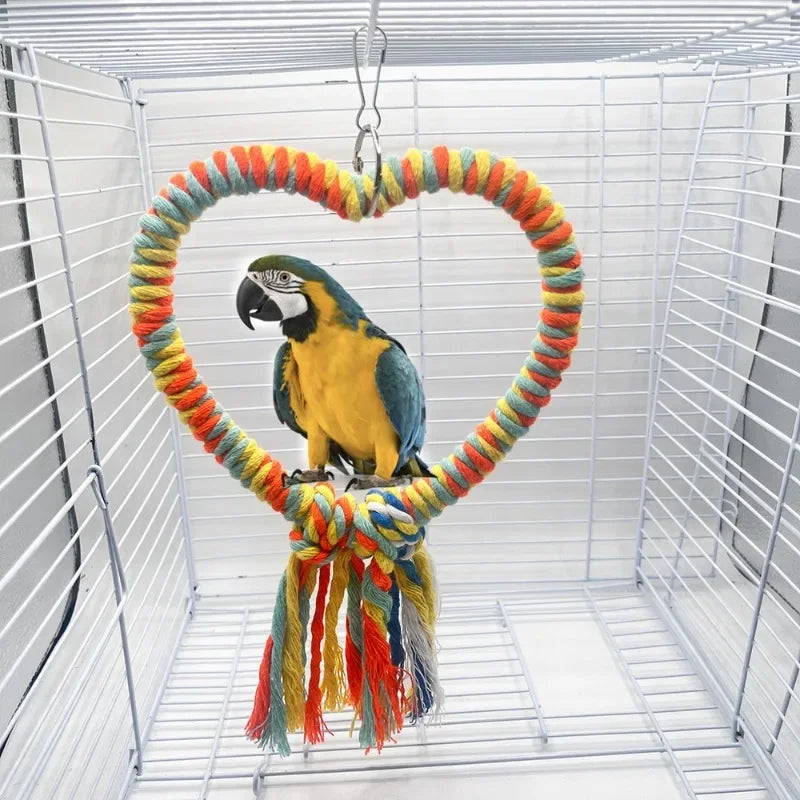 Pet Bird Cotton Rope Heart Shape Stand Chewing Bite Parrot Hanging Cage Swing Rope Ring Stand Climb Toy Bird Supplies