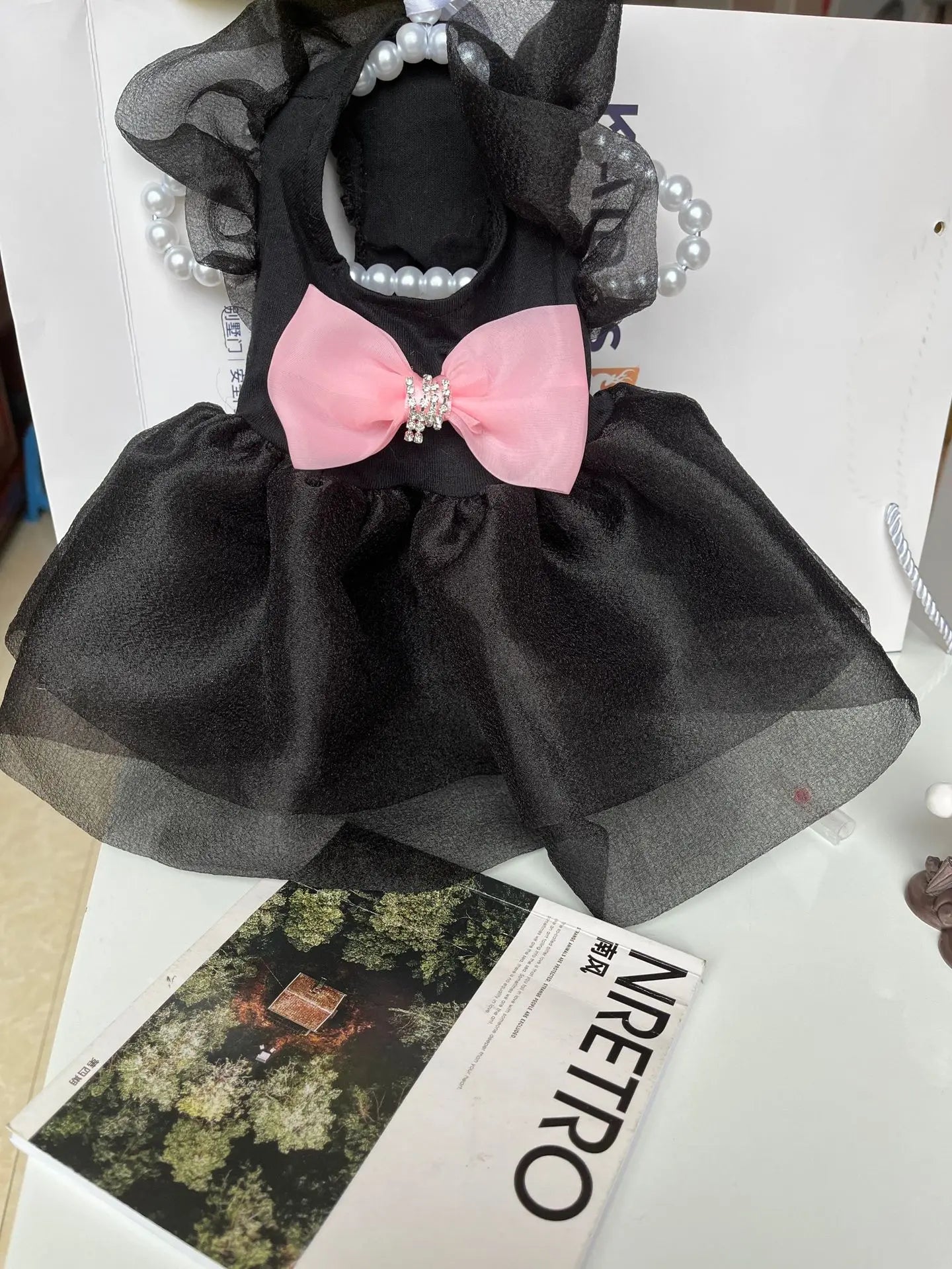 Cat and Dog Dress Summer Pink Bow Bubble Skirt Black Puff Sleeve Princess Dress Small and Medium-sized Pet Clothing