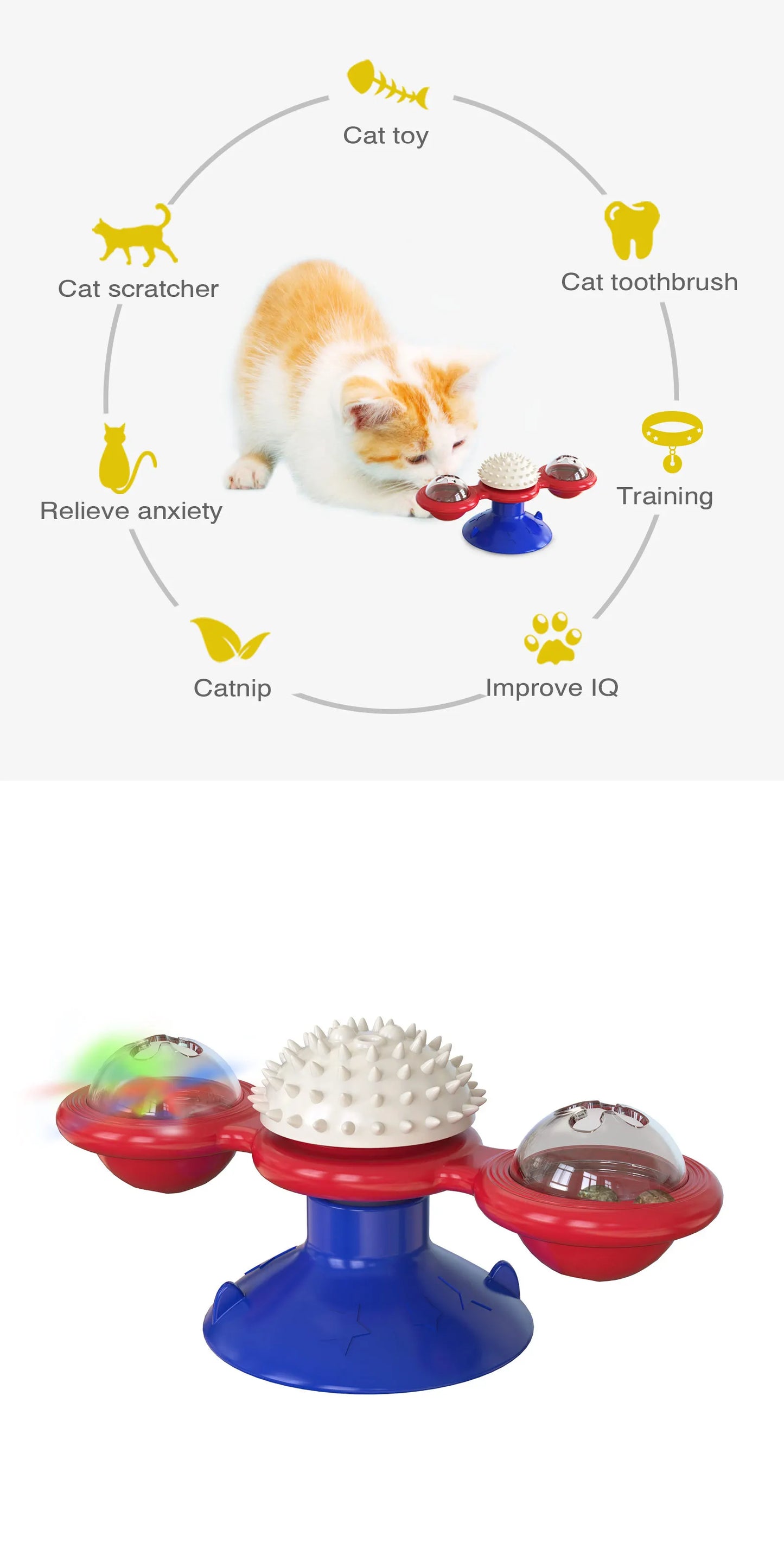 Windmill Rotating Cat Toy Turntable Interactive Pet Scratcher Hair Brush Catnip Teaser Toy for Kittens Cats Pet Supplies