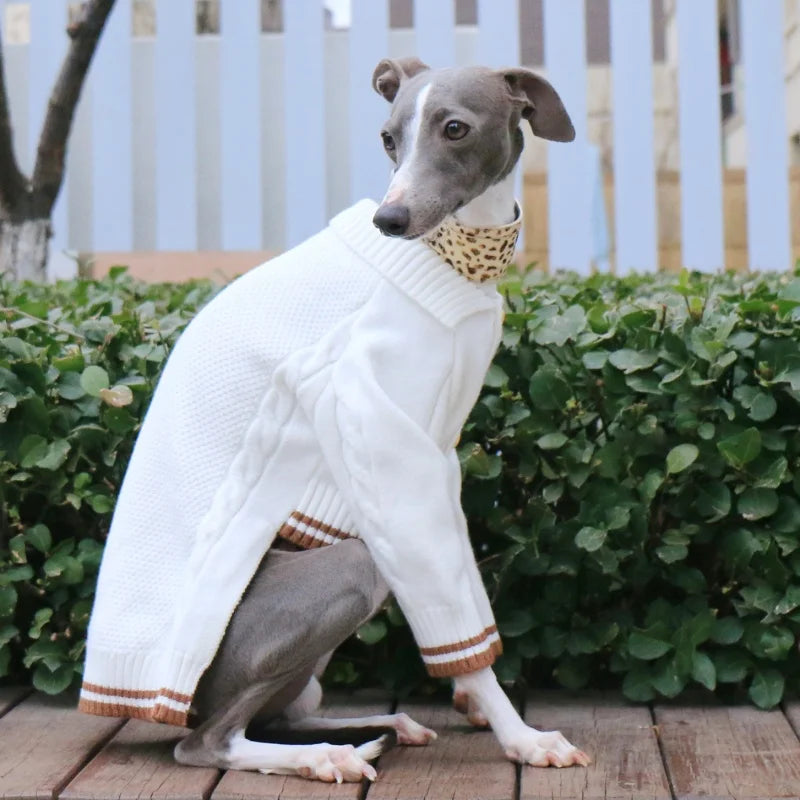 Lapel Cardigan Jacket Knitted White Sweater for Little Greyhound Whippet Winter Long Sleeves Warm Coat for Mid Dogs Pet Clothing