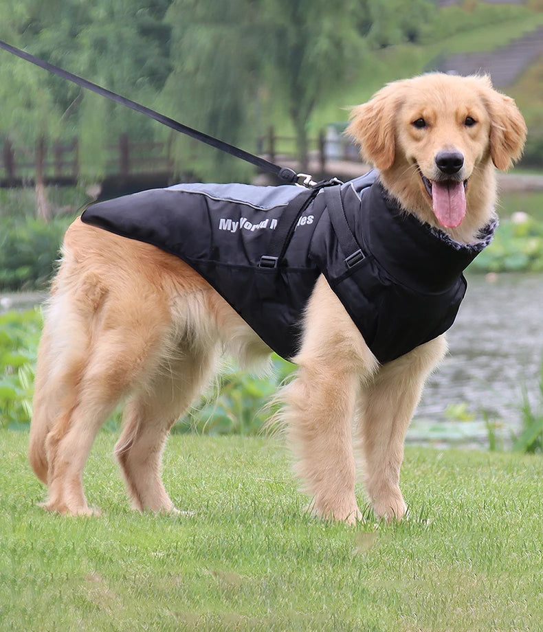 Waterproof Large Dog Clothes Winter Dog Coat With Harness Furry Collar Warm Pet Clothing Big Dog Jacket Labrador Bulldog Costume